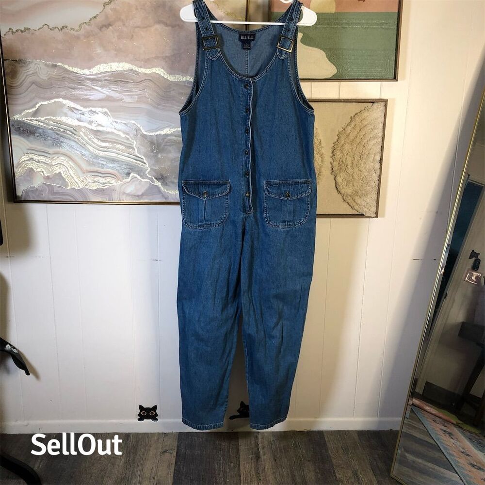 Vintage Blue J. Women's Denim Overalls Size L Adjustable Straps